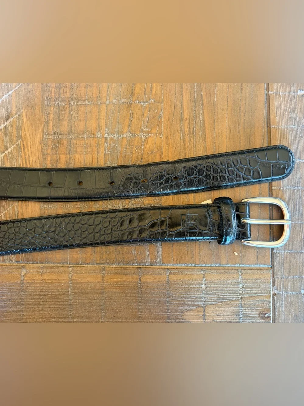 Ralph Lauren Black Croc-Embossed Leather Belt with Silver Buckle